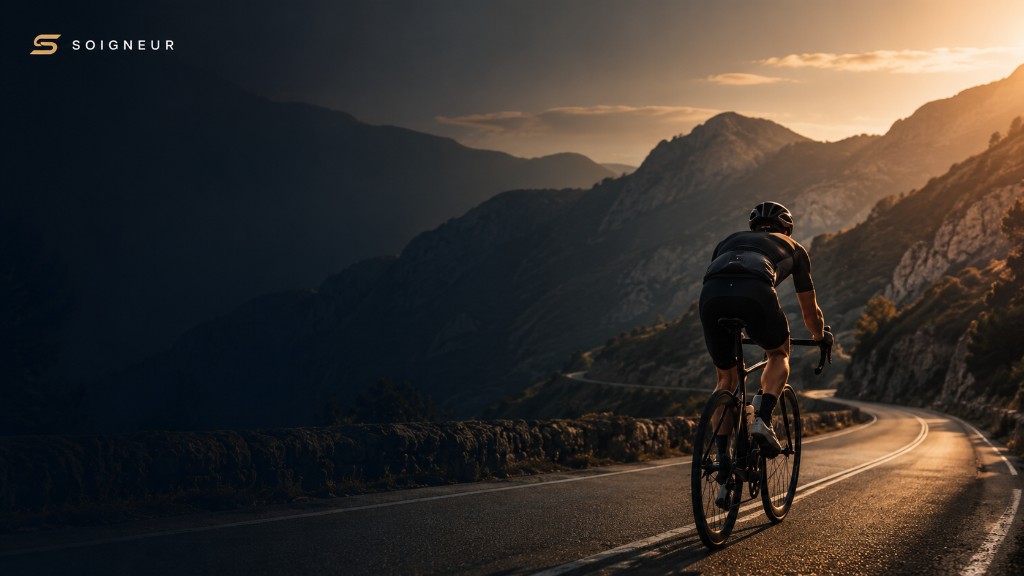 Cyclist climbing a mountain road at sunset